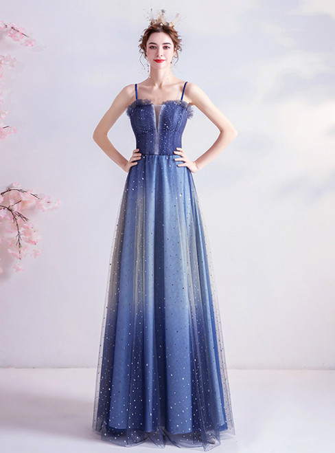 In Stock:Ship in 48 Hours Blue Tulle Spagehtti Straps Sequins Prom Dress 2020