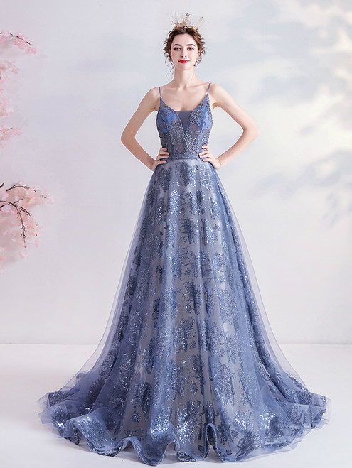 In Stock:Ship in 48 Hours Blue Tulle Appliques Sequins Spaghetti Straps Prom Dress