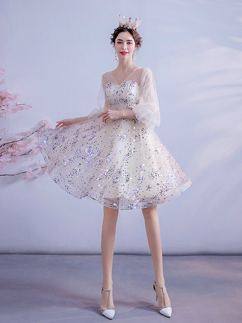 In Stock:Ship in 48 Hours White Long Sleeve Knee Length Sparkle Sequin Prom Dress Under 99