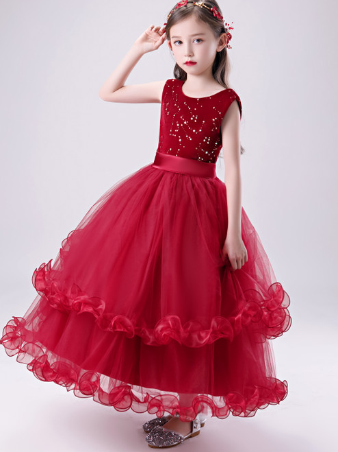 Shop 2020 Cheap Red Scoop Tulle Ruffles Beading Flower Girl Dress