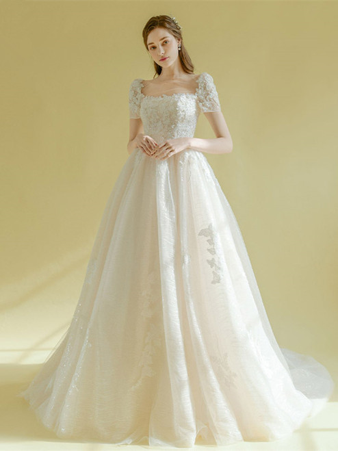 Shop 2020 Short Sleeves Tulle Square Neck A Line Lace Up Wedding Dress Under 300