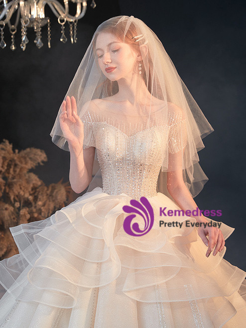 Off-the-shoulder Lace Up High Low Ruffles Tulle Wedding Dress
