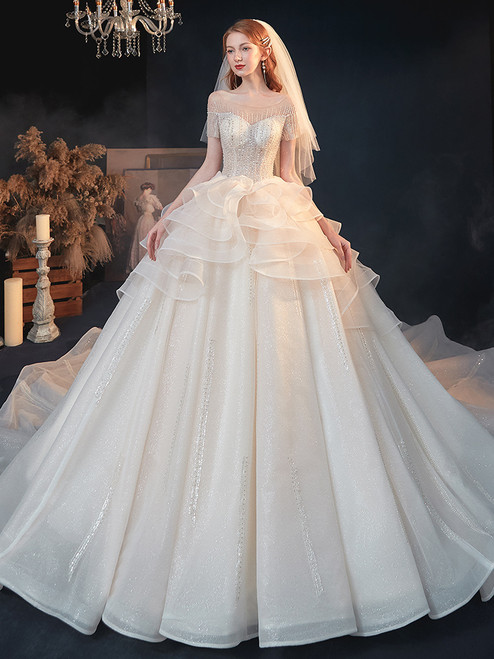 Wear This Off The Shoulder Short Sleeves Beading Ruffles Tulle Wedding Dress For Your Big Day