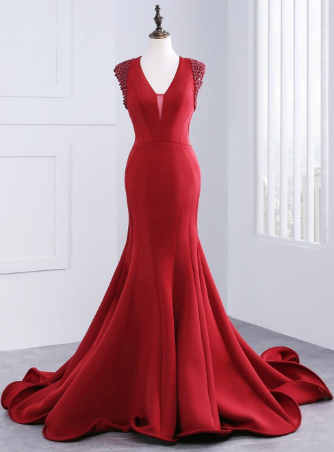 Luxury satin v-neck mermaid long dresses for teens floor-length evening dresses