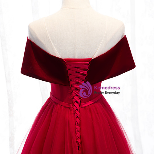 Off Shoulder Applique Long Sleeves Tulle Slit Dress Burgundy main image 1