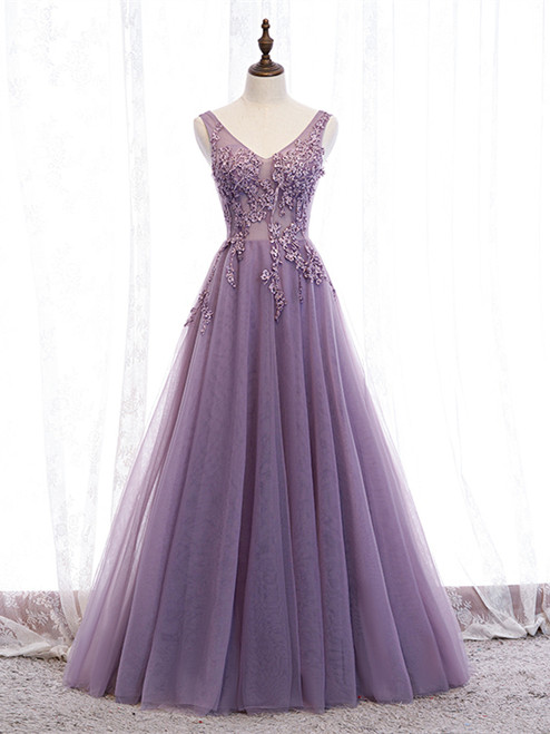 Shop 2020 V Neck Purple Beading Appliques Tulle A Line Prom Dress Under 129