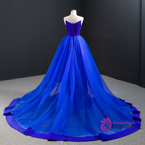 Sexy Royal Blue Mermaid Satin Tulle Strapless Prom Dress 2020