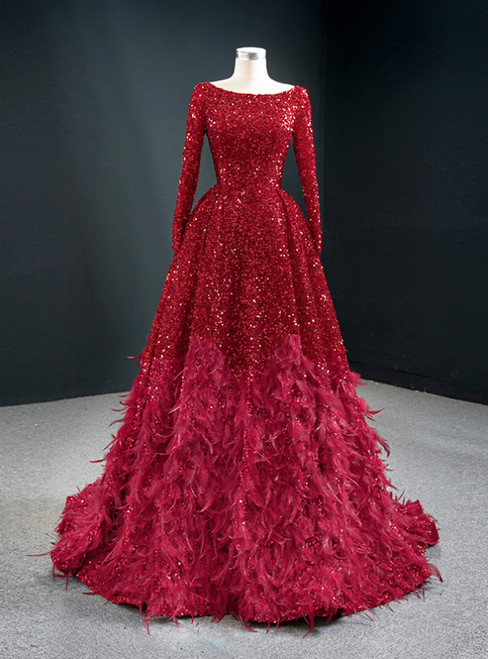 Red Ball Gown Sequins Long Sleeve Feather Prom Dress 2020