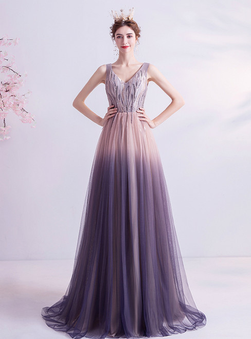 In Stock:Ship in 48 Hours Purple Tulle Sequins Appliques Prom Dress 2020