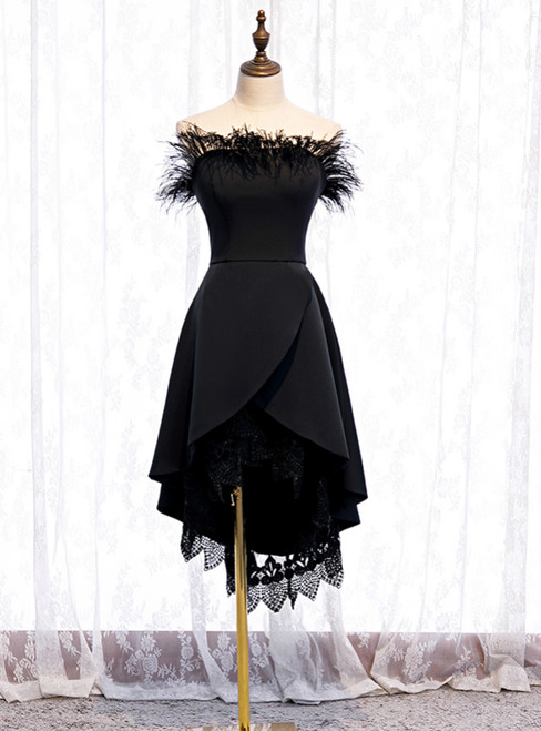 A-Line Black Satin Hi Lo Lace Of the Shoulder Prom Dress 2020