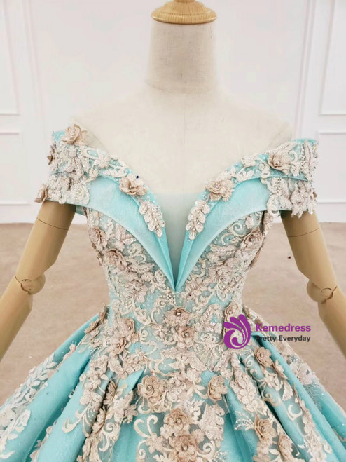 Blue Ball Gown Off the Shoulder Appliques Beading Prom Dress 2020