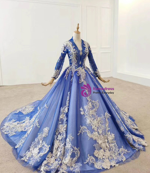 Long Sleeves Tulle Dresses with Appliqued Royal Blue