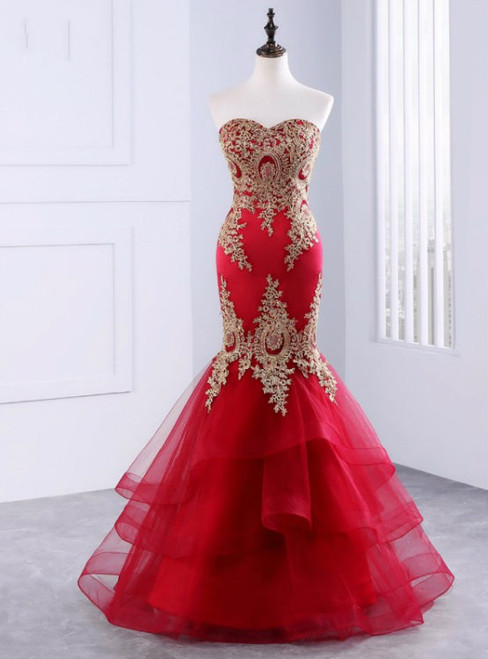 Red Mermaid Tulle Appliques Sweetheart Long Prom Dresses