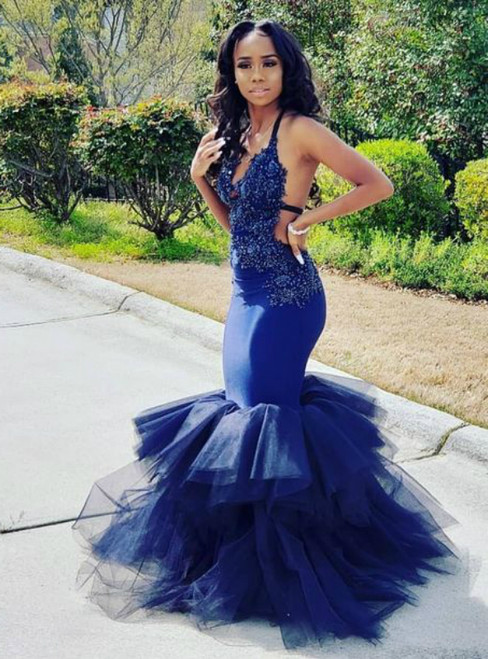 The Best Navy Blue Mermaid Beading Appliques Tull Tiered V Neck Prom Dress