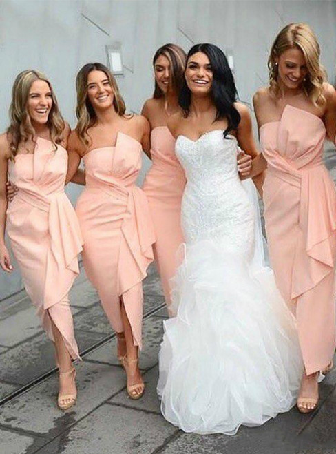 Get An On-Trend A-Line Pink Satin Strapless Pleats Ankle Length Bridesmaid Dress 2020