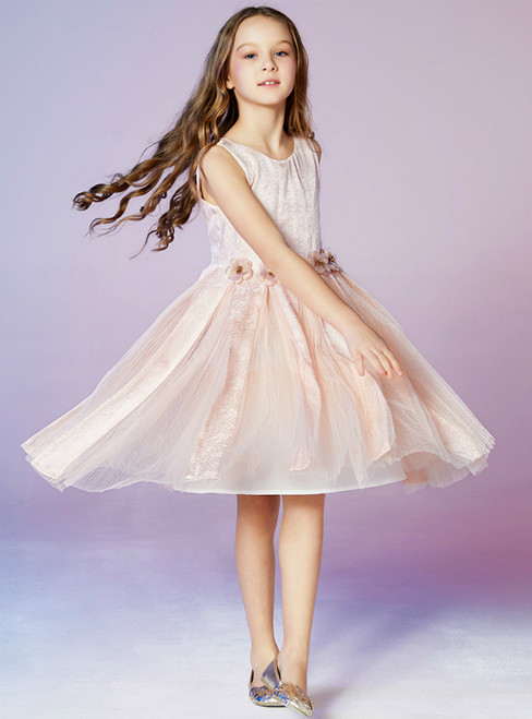 In Stock:Ship in 48 Hours Pink Tulle 3D Appliques Knee Length Flower Girl Dress 2020