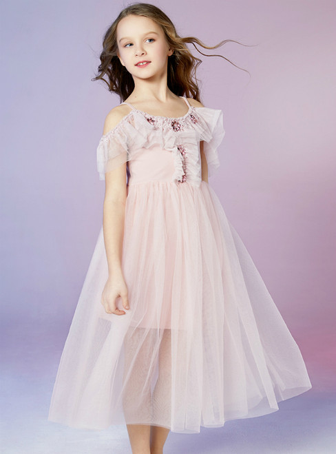 In Stock:Ship in 48 Hours Tulle Spagehtti Straps Crystal Flower Girl Dress 2020