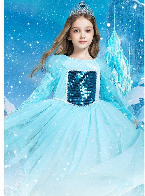 In Stock:Ship in 48 Hours Blue Tulle Sequins Long Sleeve Princess Flower Girl Dress 2020