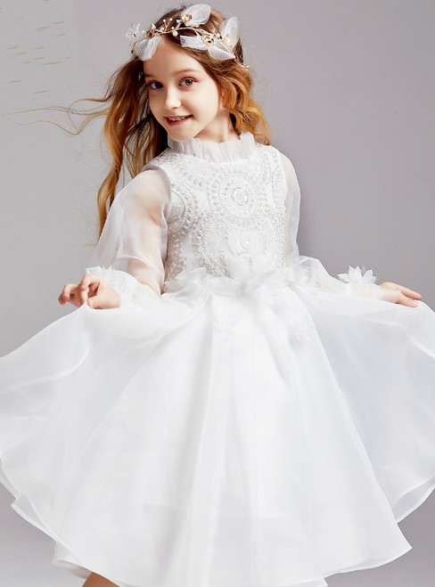 In Stock:Ship in 48 Hours White Tulle Long Sleeve Beading Flower Girl Dress 2020