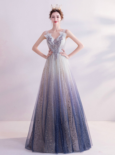 In Stock:Ship in 48 Hours Blue Tulle Sequins V-neck Appliques Prom Dress 2020