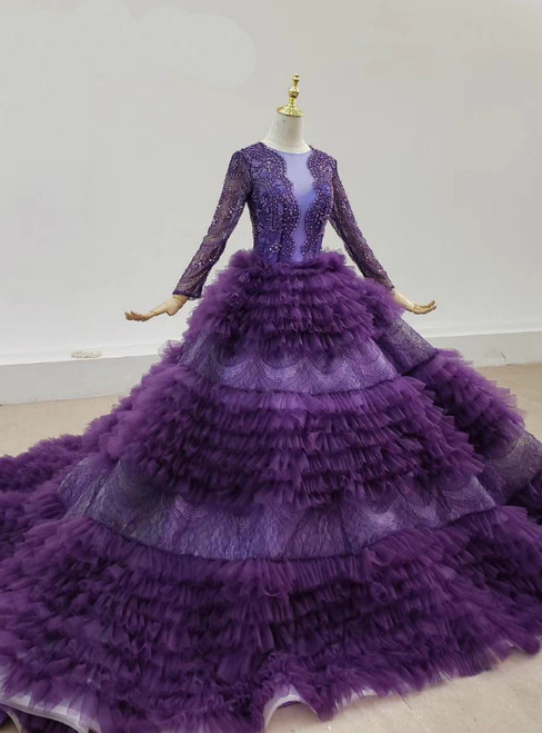 Purple Tulle Tiers Long Sleev See Through V-neck Wedding Dress 2020
