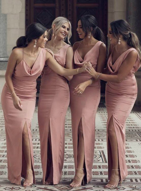 Pink Mermaid Satin Asymmetry Neck Bridesmaid Dress With Side Split 2020