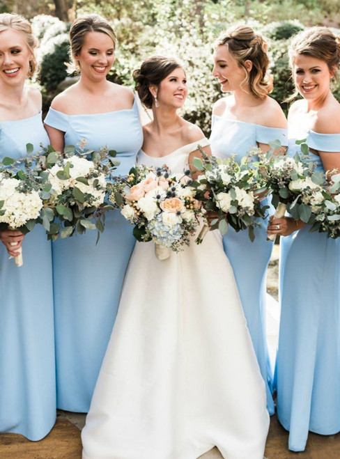 Light Blue Sheath Satin Off the Shoulder Bridesmaid Dress 2020