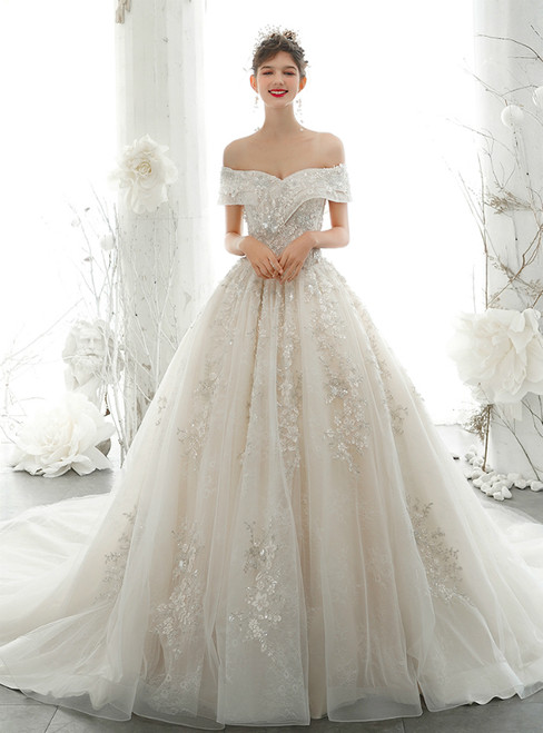 Champagne Ball Gown Tulle Sequins Appliques Beading Wedding Dress 2020