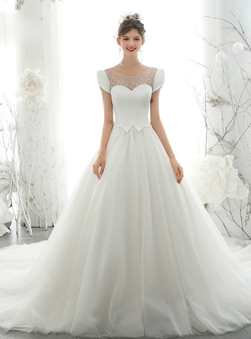 Take Center Stage In White Ball Gown Tulle Satin Cap Sleeve Open Back Wedding Dress