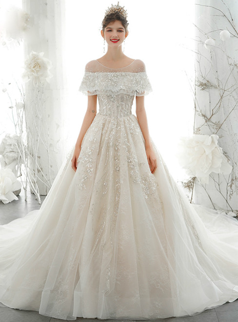 You'Ll Want Champagne Ball Gown Tulle Sequins Backless Wedding Dress