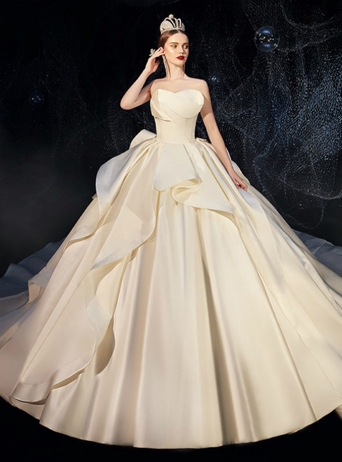 Ivory White Ball Gown Satin Strapless Ruffles Wedding Dress 2020