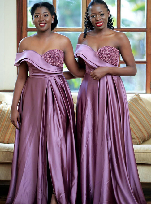 Shops Around The World A-Line Purple Satin Off the Shoulder Pearls Bridesmaid Dress