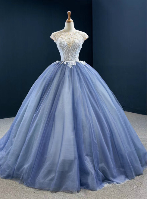 Biggest Sale Blue Ball Gown Tulle Cap Seeve Beading Long Prom Dress