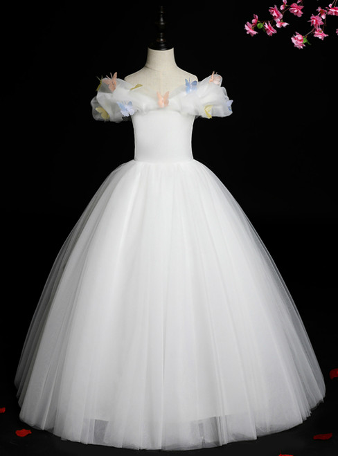 High Quality White Ball Gown Tulle Off the Shoulder Butterfly Flower Girl Dress