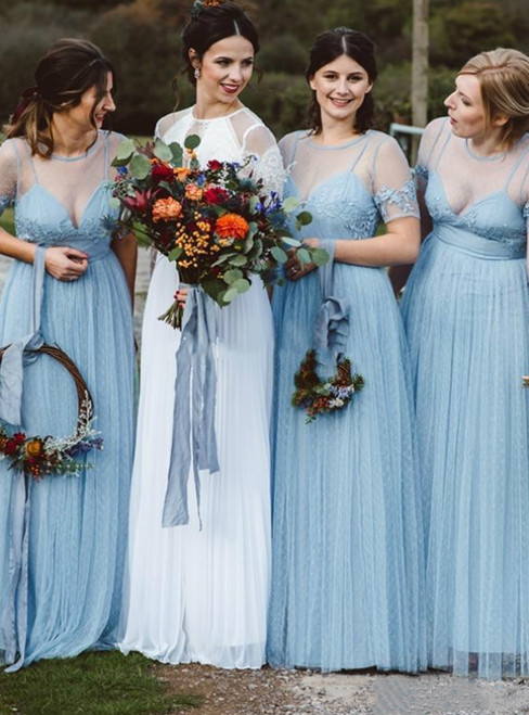 Shop Online Light Sky Blue Tulle Short Sleeve Appliques Bridesmaid Dress