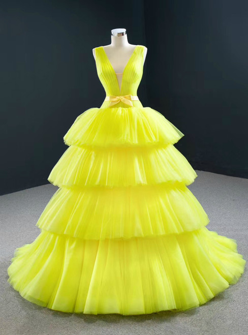 Shop 2020 Yellow Ball Gown Tulle Deep V-neck Pleats Prom Dress With Bow