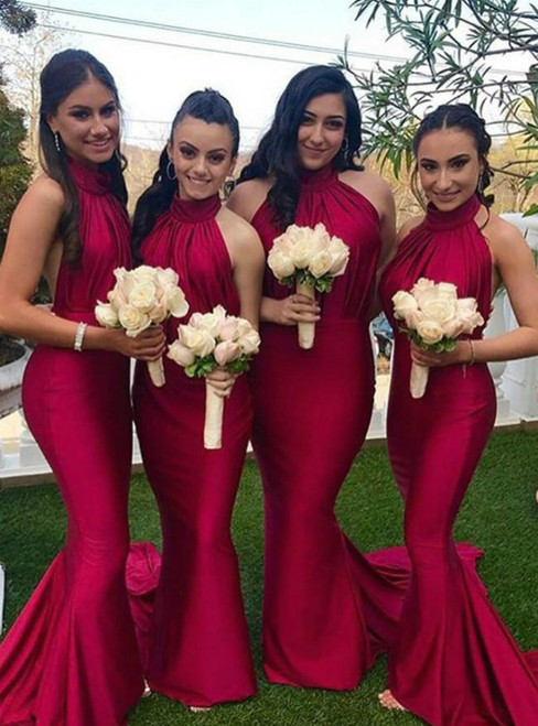 Find Plenty Of Red Mermaid Satin Halter Backless Pleats Bridesmaid Dress