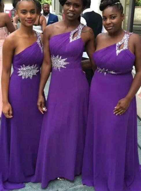 Buy More, Save More A-Line Purple Chiffon One Shoulder Beading Crystal Bridesmaid Dress