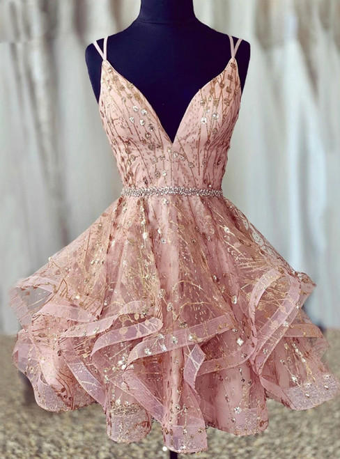 Pink Tulle Sequins Doulble Straps Sequins Homecoming Dress