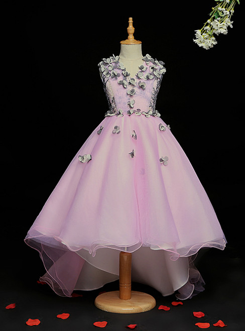 High Quality Light Purple Ball Gown Tulle Hi Lo V-neck Appliques Flower Girl Dress