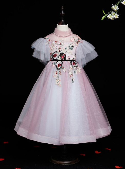 The Best Discount Pink Ball Gown Tulle High Neck Embroidery Puff Sleeve Flower Girl Dress