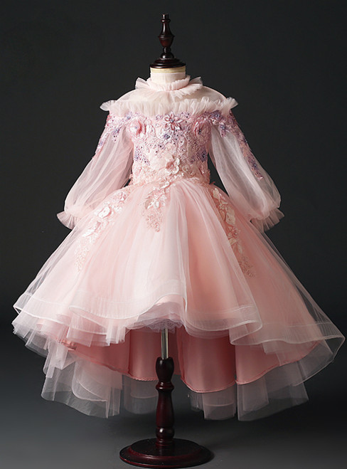 Buy The Newest Pink Ball Gown Tulle High Neck Long Sleeve Appliques Flower Girl Dress