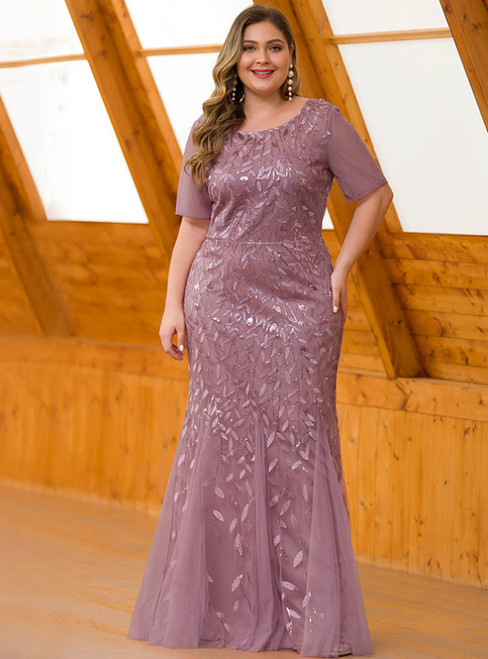 We Offer a Variety Of Pink Mermaid Tulle Short Sleeve Sequins Plus Size Prom Dress