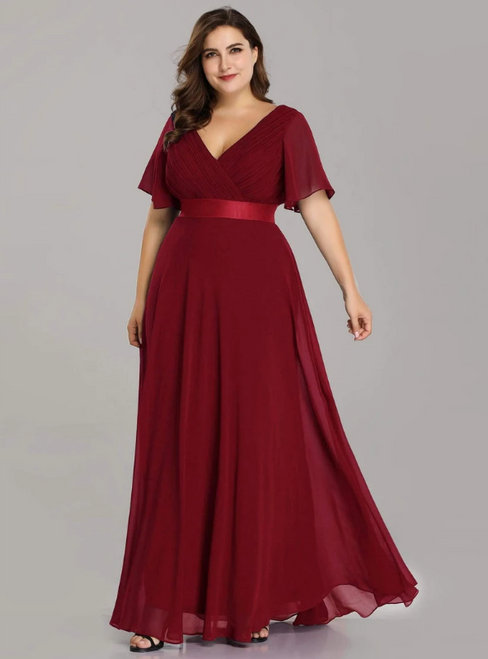 In One Step Burgundy Chiffon V-neck Pleats Horn Sleeve Plus Size Prom Dress