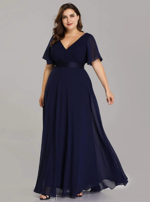 You'll Always Remember Wearing Navy Blue Chiffon V-neck Pleats Horn Sleeve Plus Size Prom Dress