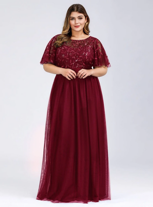 For You Next Prom Dance Plus Size Burgundy Tulle Sequins Horn Sleeve Prom Dress