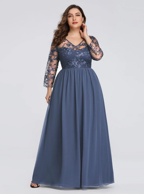 Get a Prom-Ready Look A-Line Dusty Chiffon Long Sleeve Sheer Lace Bodice Plus Size Prom Dress