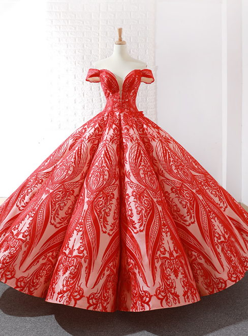 Champagne and red sequin off-the-shoulder ball gown with plunging V-neck