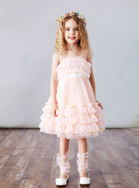 For Your Big Night A-Line Pink Tulle Tiers Knee Length Daisy Flower Girl Dress
