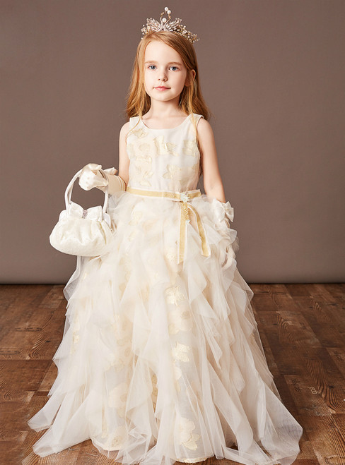 Available In Sizes 0-24 Champagne Ball Gown Tulle Embroidery Flower Girl Dress